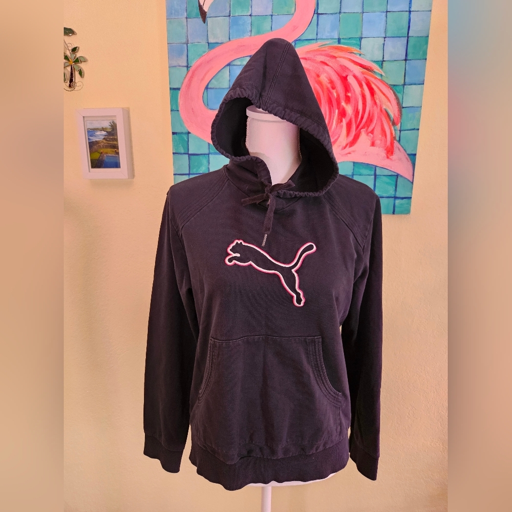 Puma Black Hoodie with Pink-Trim Logo Sz M
